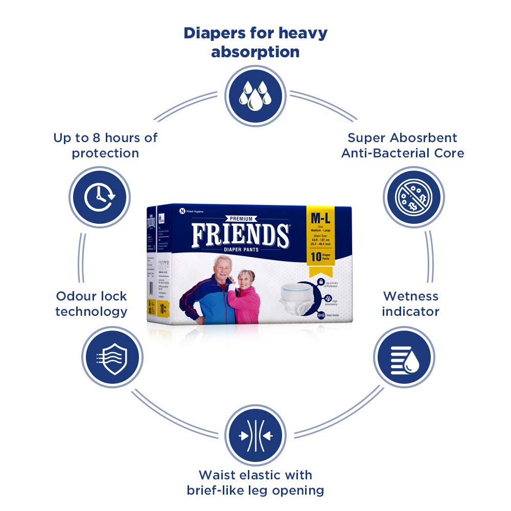 Friends Overnight Adult Diapers Pants Style - 10 Count (L-XL) with Odour  Lock and Anti-Bacterial Absorbent Core- Waist Size 31.5-47.2 Inch ; 80-120  cm : Amazon.in: Health & Personal Care